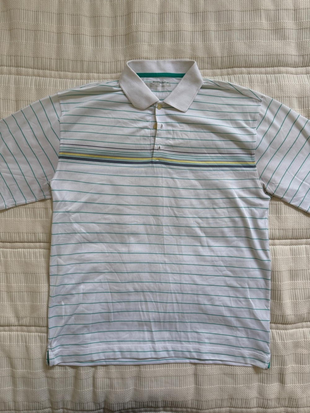 Nike White Polo with Teal and Yellow Chest Stripes